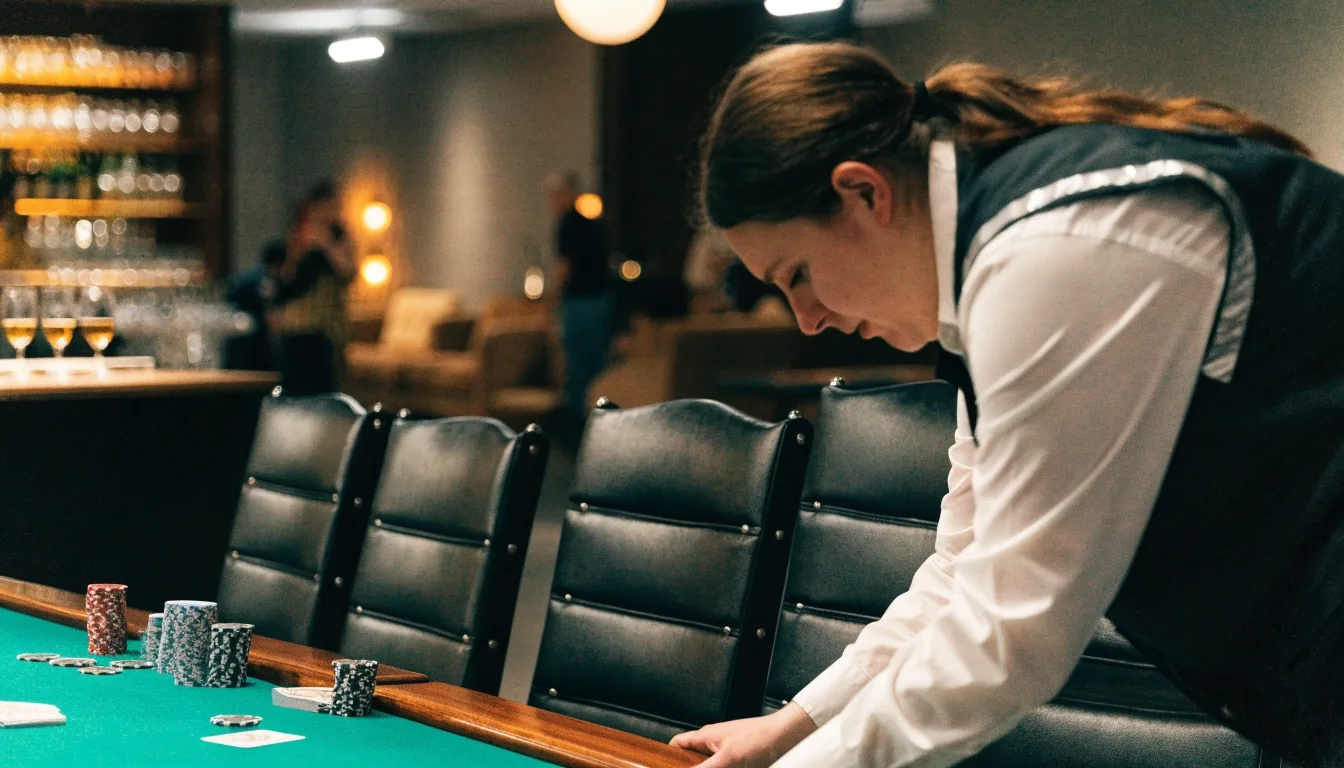 Stół pokerowy z żetonami i kartami w sali Montclairons