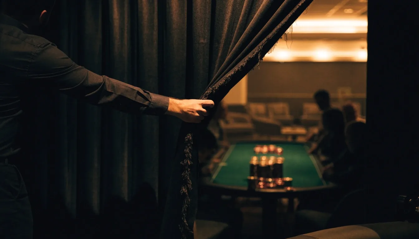 Pusta sala z oświetlonym stołem pokerowym przed wieczorem