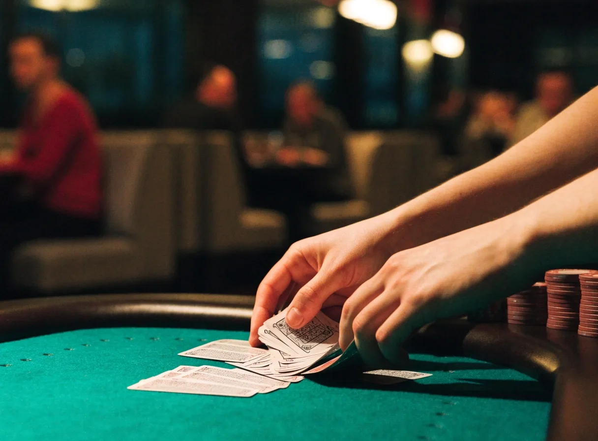 Ręce krupiera rozdające karty przy stole pokerowym