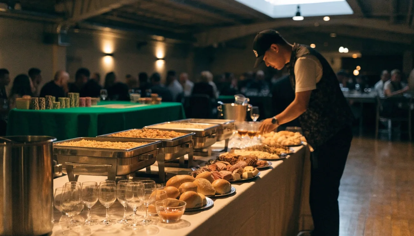 Sala eventowa Montclairons z bufetem cateringowym i stołem pokerowym