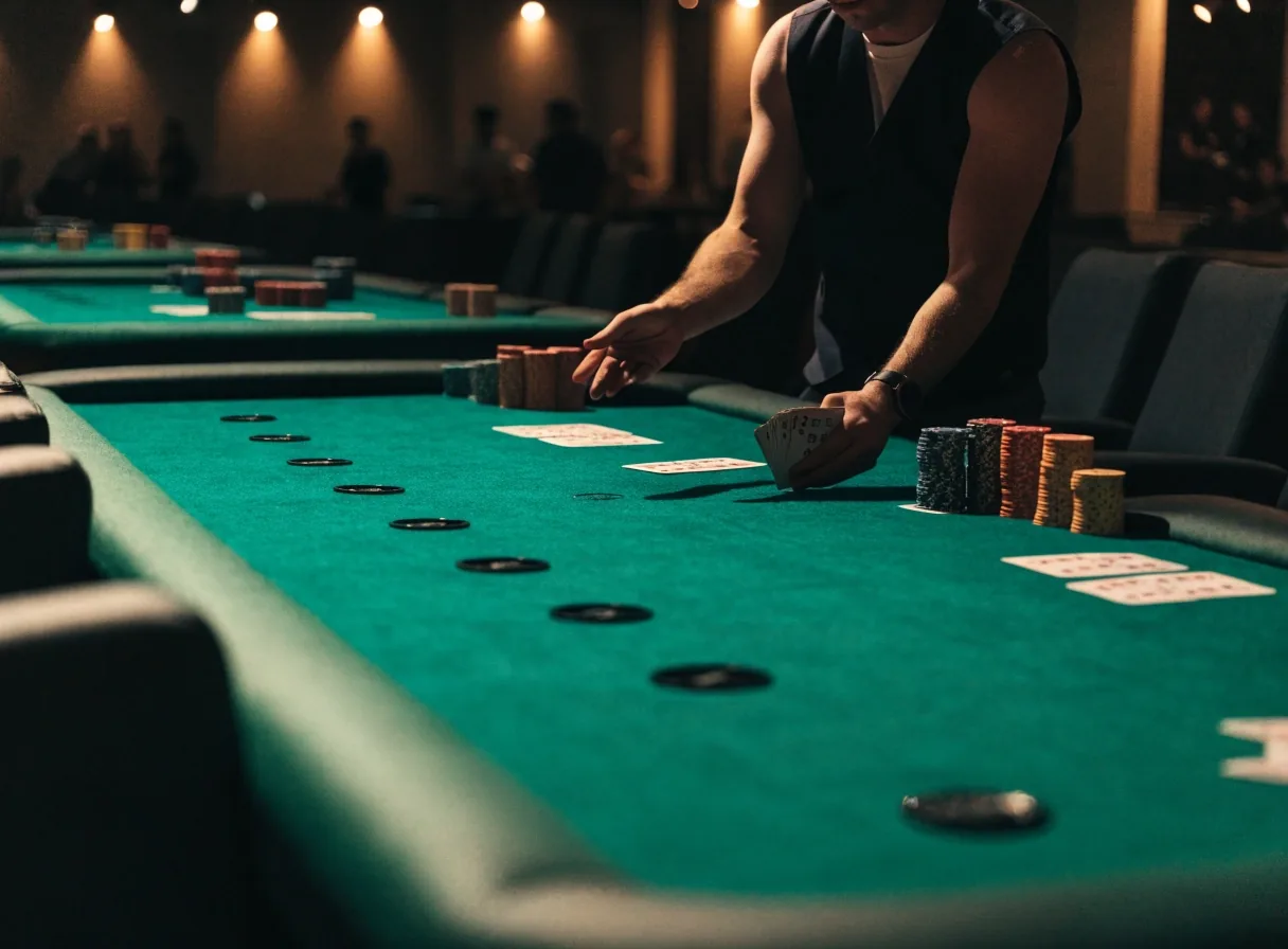 Krupier rozdający karty przy stole pokerowym