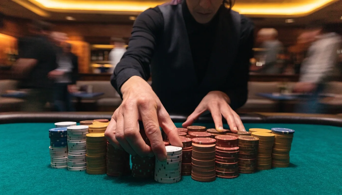Wnętrze sali eventowej z oświetlonym stołem pokerowym